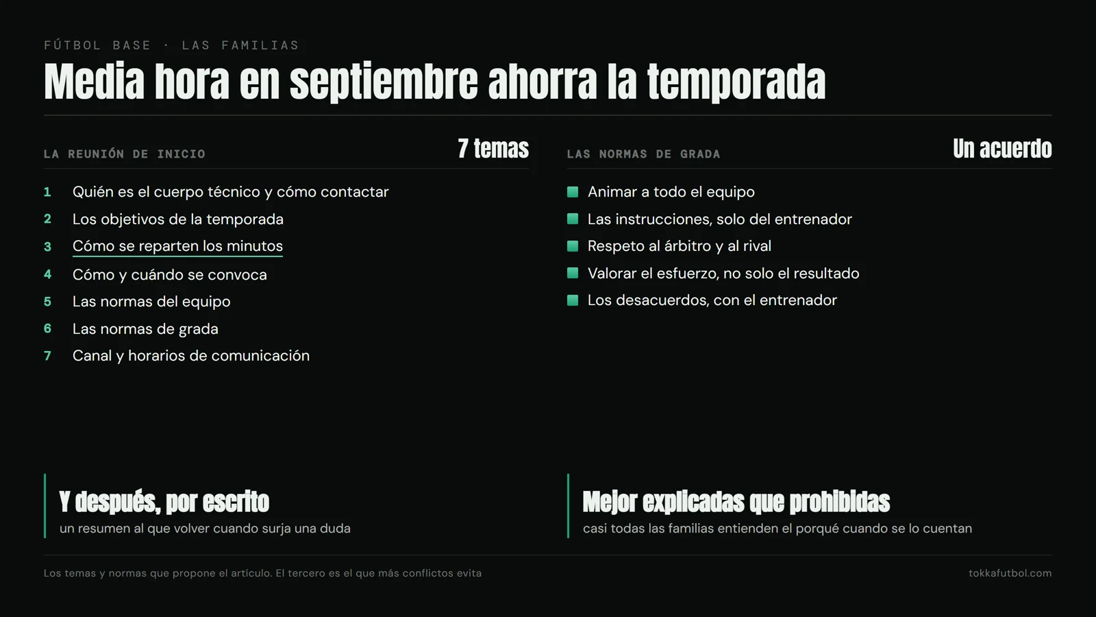 Los siete temas de la reunión de inicio y las normas de grada que conviene acordar. Gráfico: TOKKA.